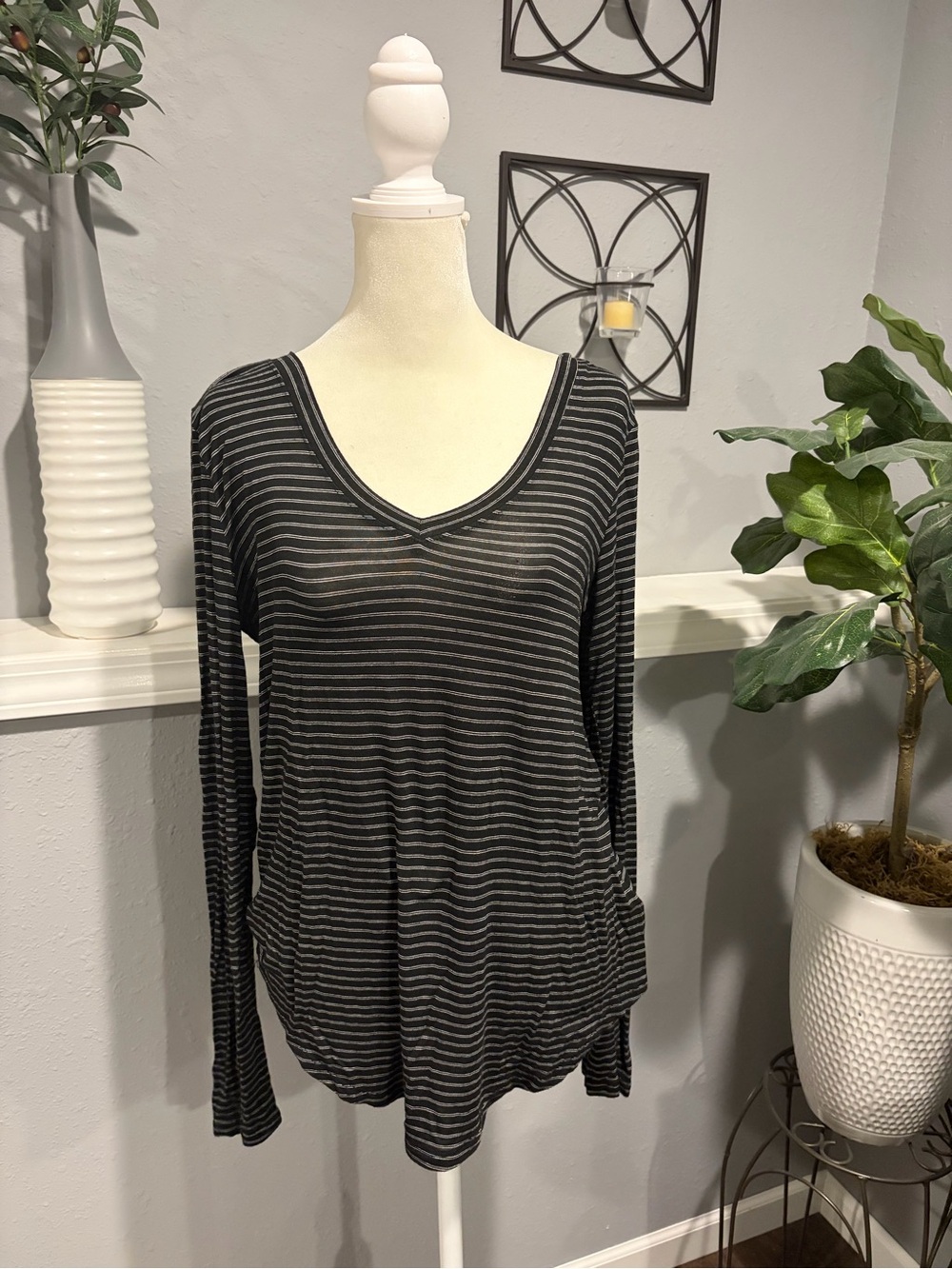 SO Black and Gray Striped Long Sleeve V-Neck Tee
